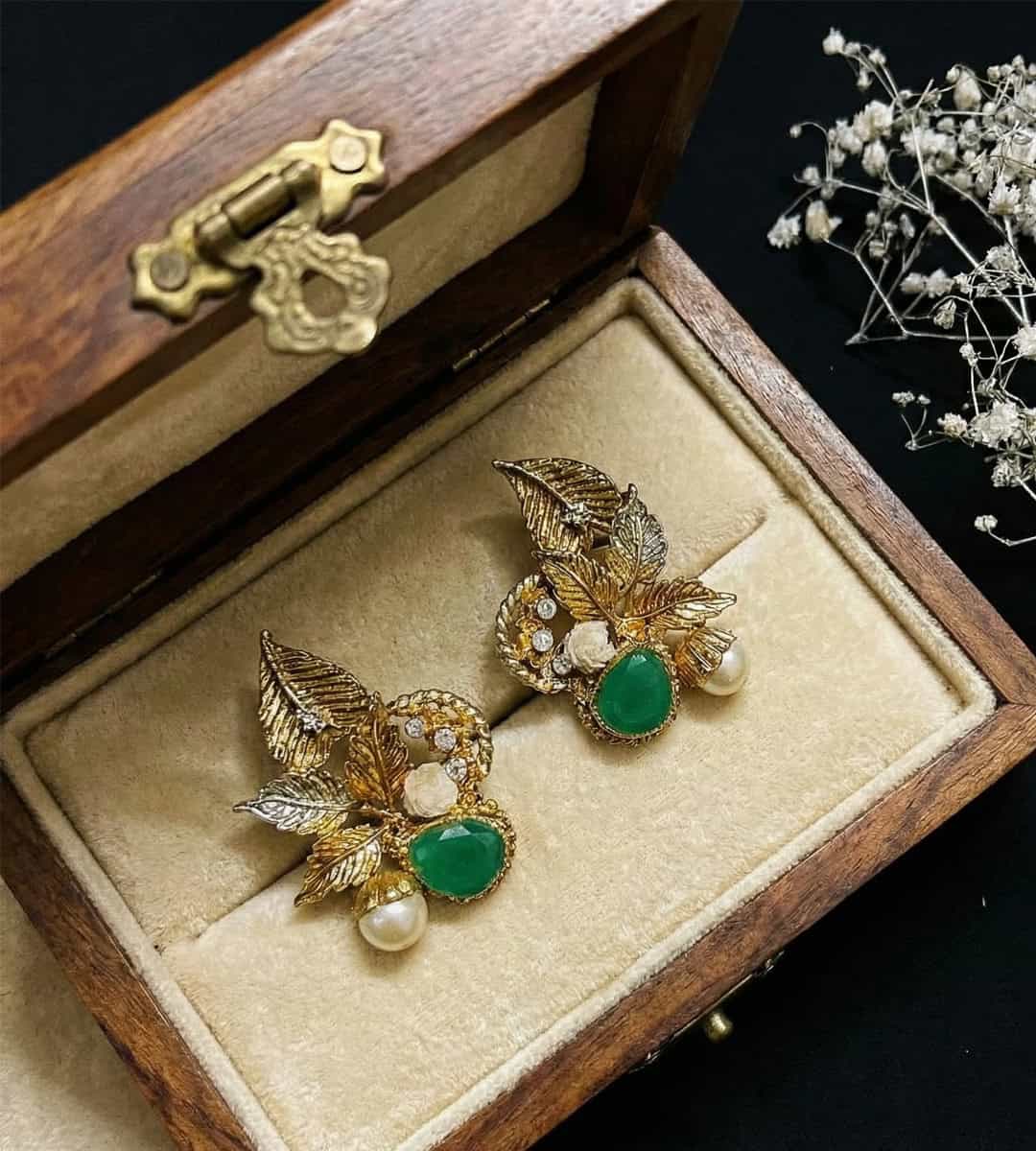 Leaf-inspired with floral and crystal Earrings